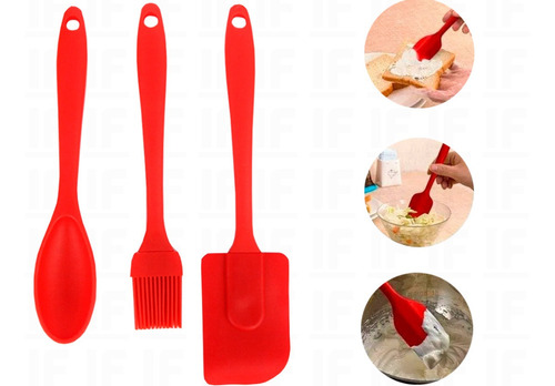 Kit Culinário 3 Peças Espátula Pincel Colher Silicone