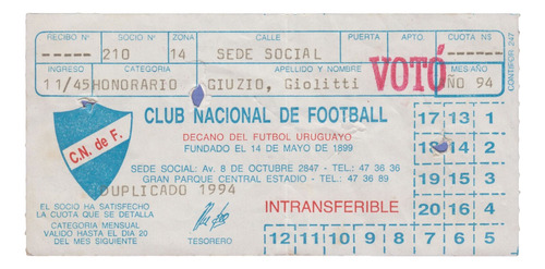 1994 Club Nacional De Futbol Recibo De Pago De Cuota Social 