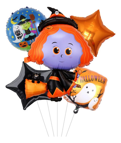 Set Globos Metalizados Halloween Brujita Cumpleaños Deco