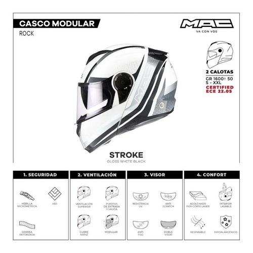 Imagen 4 de 9 de Casco Moto Rebatible Mac 908 Rock Stroke Blanco Gris Negro