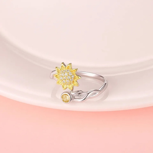 Imagen 2 de 5 de Anillo Girasol Plata 925 Ajustable Mujer Regalo Joya Juvenil