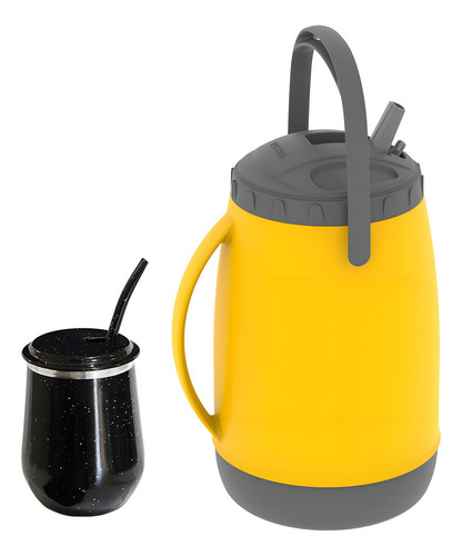 Kit Tereré Vino Garrafa Copo Térmico E Bomba Amarelo E Preto