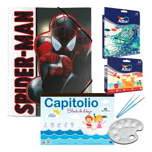 Kit Dibujo 51 Art. Spiderman Temperas Acuarelas Pincel 