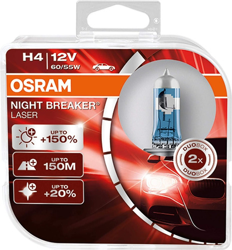 Imagem 1 de 8 de Par H4 Lâmpada Osram Night Breaker Laser 12v 150%+luz 60/55w