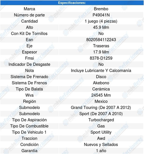 1 Juego Balatas Ceramica Traseras Mazda Cx-7 2.3l L4 07-12