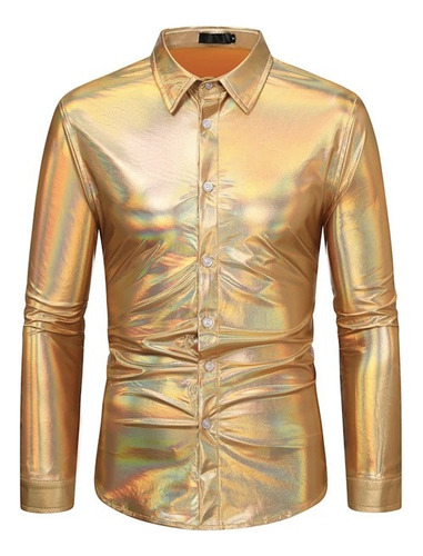 Camisa Tela Brillosa Metalica Suave Hombre Fiesta Antro Moda
