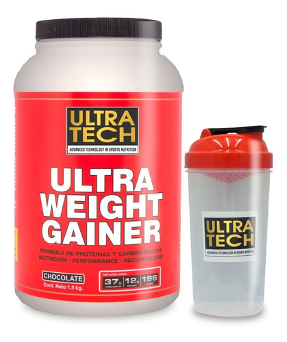 Gainer Ultra Tech X 1,5 Kg Ganador De Masa Muscular Y Peso + Shaker Proteínas + Carbohidratos