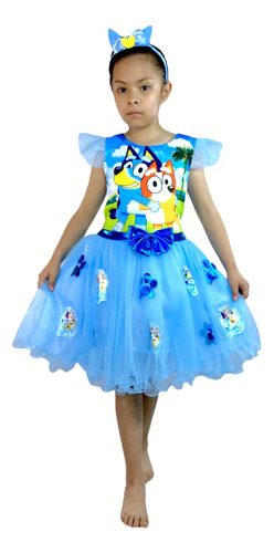 Vestido Para Niña De Bluey Y Bingo Tul Con Diadema