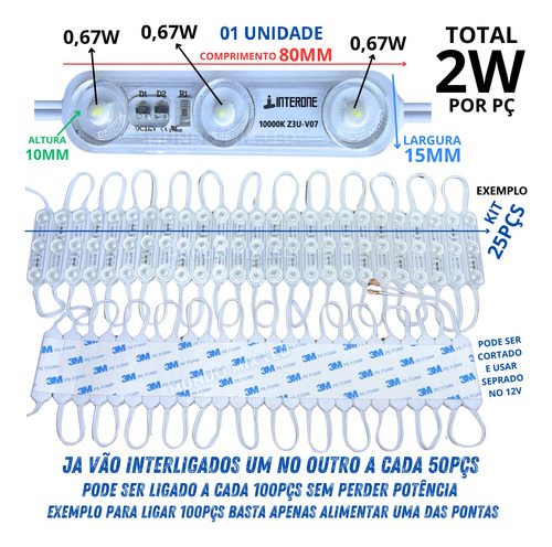 2500pçs Módulo De Led Interone 3led 12v 175º Ip68 2w 10.000k