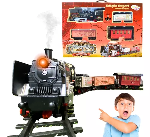 Pista Trem Clássico com Locomotiva e Trilhos Brinquedo infantil Trenzinho  Ferrorama