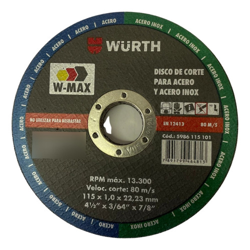 Disco Corte Acero Inox. 4 1/2 X 1mm Wurth. (100 Unidades)