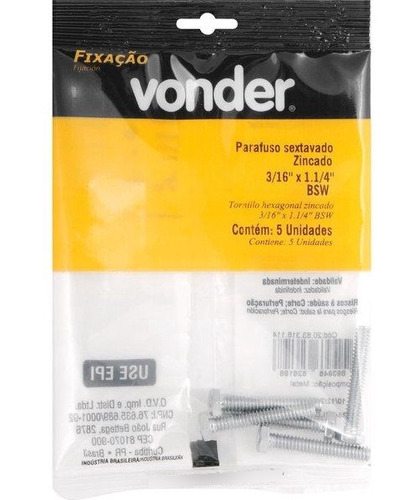 Parafuso Sextavado Zincado 3/16''x1.1/4'' C/ 5 Peças Vonder