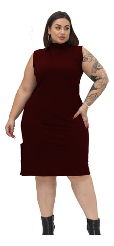 Vestido Midi Tubinho Canelado P Ao Plus Size Gola Alta Fenda