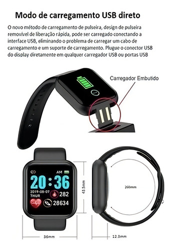 Smartwatch D20 Preto: Monitoramento De Saúde Notificações Preto Milanese Preto Preto
