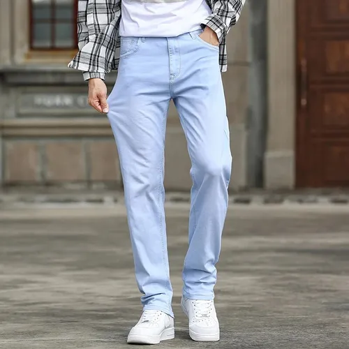 Vaqueros El sticos Delgados Azul Cielo Para Hombre De Primav