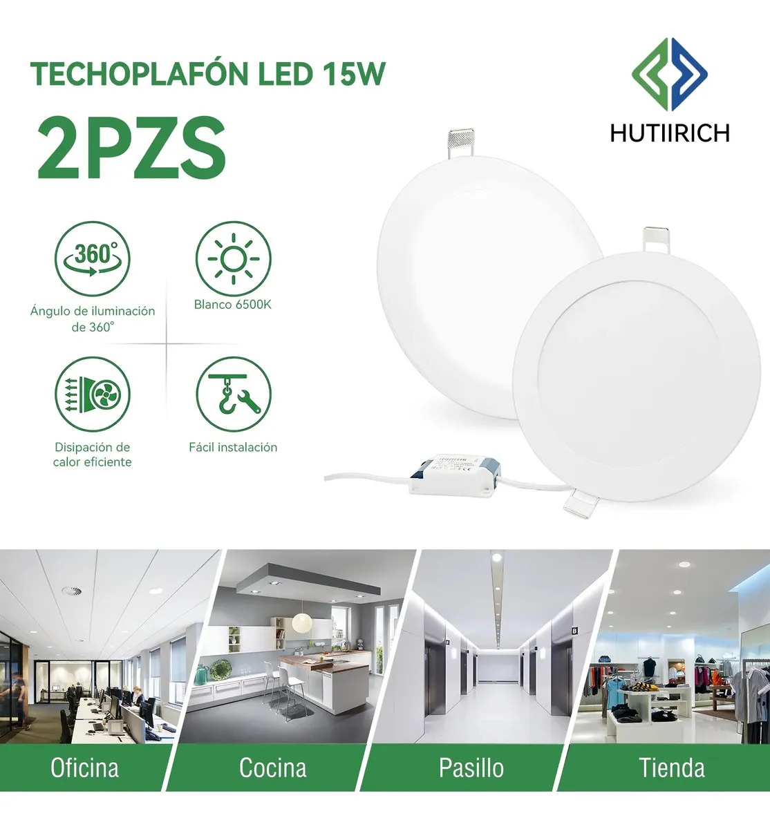 HUTIIRICH 2pzs LĂĄmparas De Techo 15w PlafĂłn Led Luminario Empotra LĂĄmpara de panel de aluminio blanco puro de 6500K, lĂĄmpara de techo plana antideslumbrante Adecuado para salones, dormitorios, pasillo