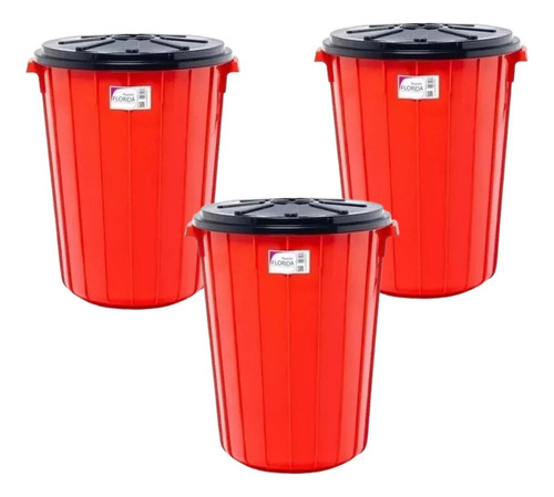 Set X3 Cestos De Basura 70litros Verde Negro Rojo