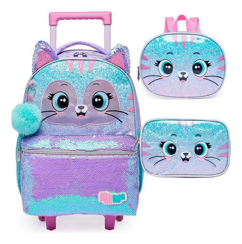 Mochila De Rodinha  Lancheira  Estojo Pack Me Cat Brilhosa