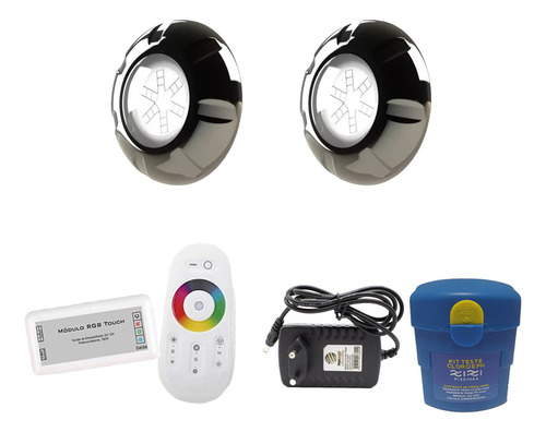 Kit Iluminação Piscina - 32m² - 2 Leds 9w Inox + Comando Rgb