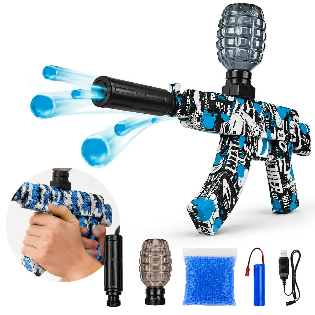 Metralhadora Automática Arminha Brinquedo Lançador Bolinhas Gel Recarregavel Ak47 Cor Azul