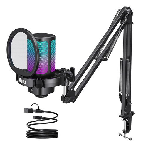 Micrófono Gamer Usb De Condensador Rgb Con Brazo Articulado Y Soporte De Mesa Para Computador Pc Y Celular Streaming Podcast Uhuru