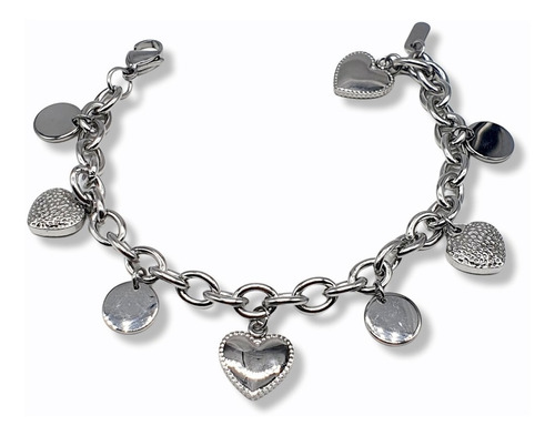 Pulsera Acero Dijes Corazón Y Medalla