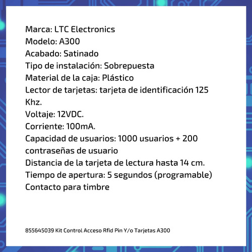 Imagen 2 de 10 de Kit Control Acceso Rfid Pin Y/o Tarjetas A300