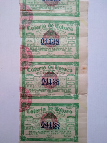 Antiguo Billete De La Loteria De Toluca 1925 (Usado)