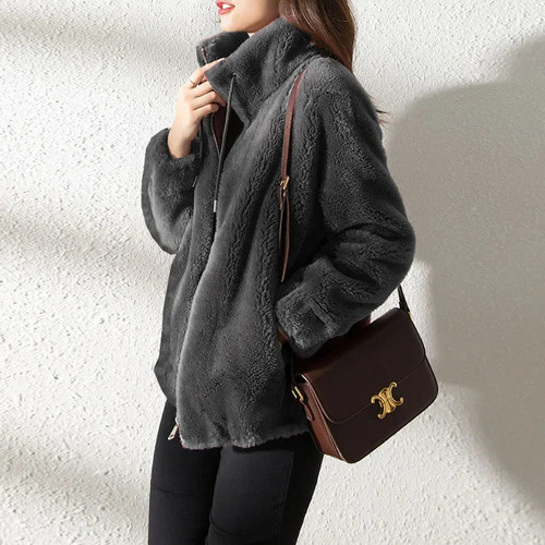 Cárdigan De Invierno Con Cuello Alto Y Forro Polar Para Mujer