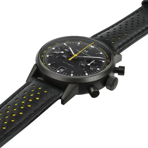 Reloj Hamilton American Classic Intra-matic Automatic Chrono Correa Negro Bisel Amarillo Fondo Negro
