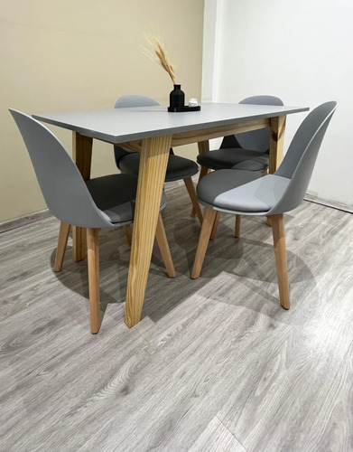 Juego Comedor Nórdico Mesa Escandinava 140 + 4 Sillas Vita Gris