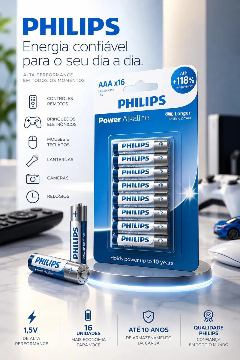 Pilha Alcalina Philips Aaa Lr03p16bp/59