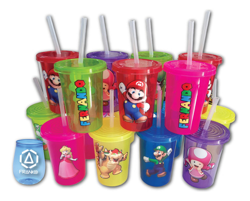 Vasos Decorados Mario Bros 20pzas Reusable Con Popote