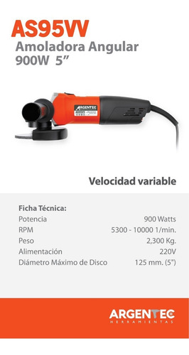 Imagen 3 de 5 de Amoladora 115mm Velocidad Variable Argentec As95vv 900 Watts