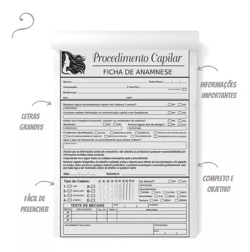 2 Bloco De Anamnese Para Procedimento Capilar Ficha Completa