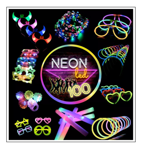 Combo Cotillon Luminoso Led Neon 100 Personas + Labial Fluo