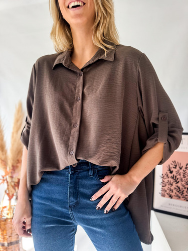 Camisa Lulyna Oversize Manga Larga Con Presilla Crepe Mujer