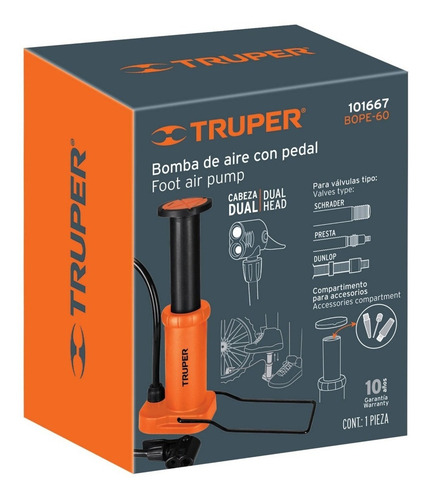 Imagen 3 de 3 de Bomba Para Inflar Balones Llantas De Pedal Truper C/valvulas Color Naranja