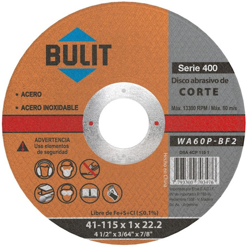 Disco De Corte Extra Fino Bulit 115mm X 1.6 X 22.2 Serie 400