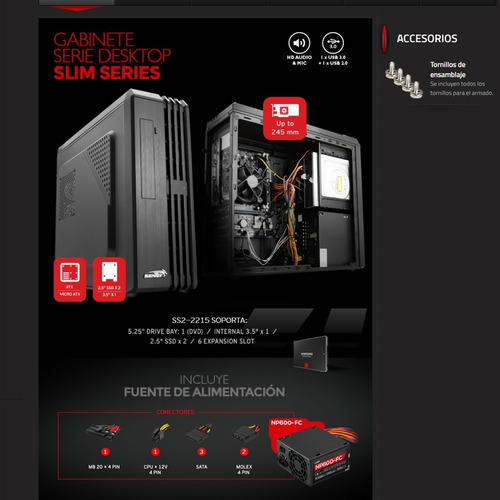 Imagen 9 de 10 de Gabinete Pc Gamer Slim Sentey Fuente 600w Atx Matx Usb 3.0