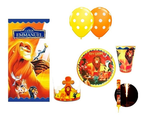 Rey León Kit 20 Niños Vasos Platos Globos Lona Simba