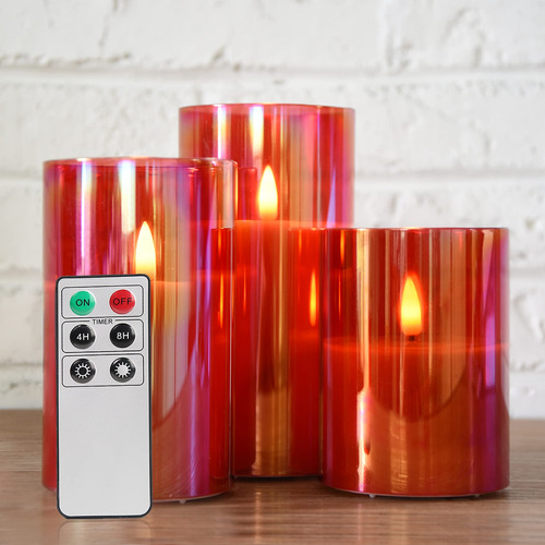 Eywamage Juego De 3 Velas Sin Llama De Cristal Rojo Con Cont