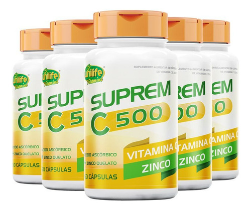 Kit 5 Suprem C 500 Vitamina C + Zinco Unilife - 60 Cápsulas Sabor Sem Cápsulas