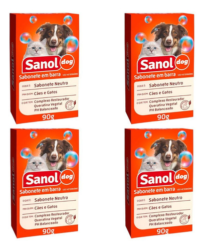 Kit 4 Sabonete Em Barra Sanol Dog Neutro P Cães E Gatos 90g