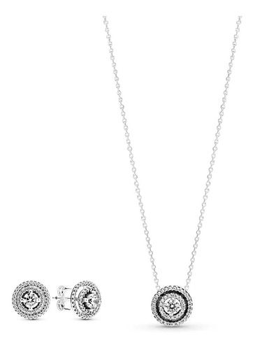 Set Collar Y Aros Marca Pandora Modelo Doble Halo Brillante