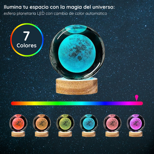 Esfera Cristal 3d Multicolor Led Base Madera Lámpara Noche Marrón Luna