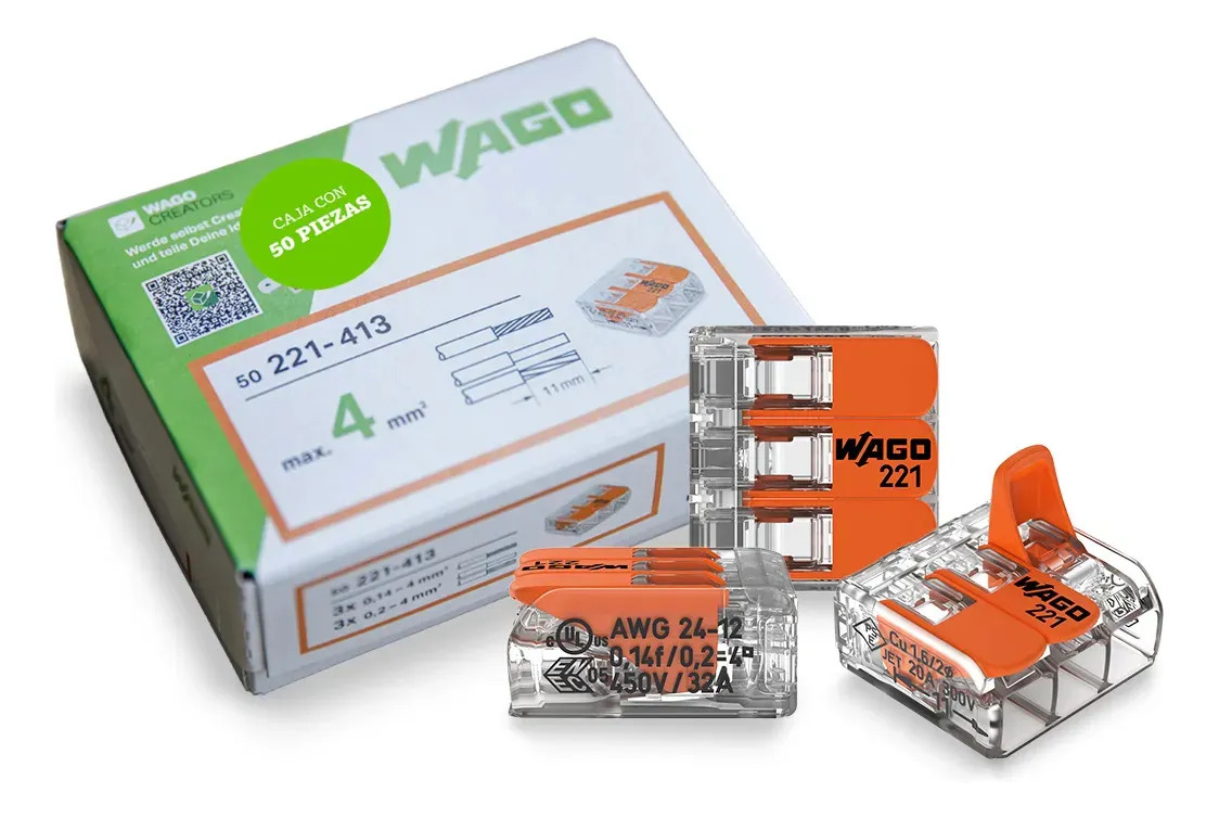 Wago Conector De Empalme Eléctrico De Palanca 3 Polos 50 Pz Color Naranja para calibre 24-12 AWG