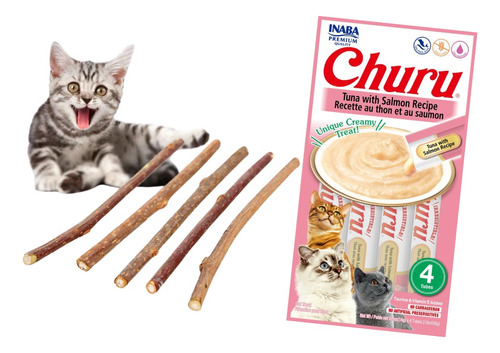 Churu Atum E Salmão + Matatabi Varas De Catnip 20 Unidades