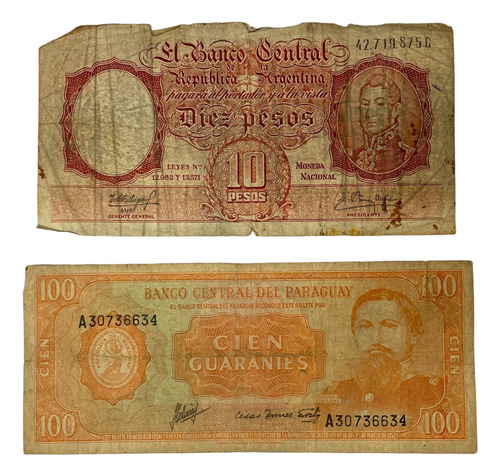 2 Cédulas Antigas - 10 Pesos Arg - 100 Guaranies Parag. (Usado)