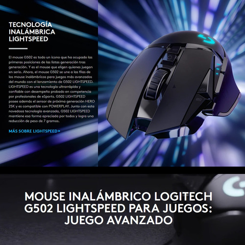 Mouse
gamer de juego inalámbrico recargable Logitech G Series Lightspeed G502 negro